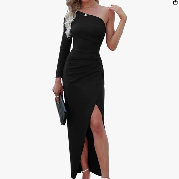 One Shoulder Long Sleeve Cocktail Dresses Bodycon Ruched Dress - L - Picture 1 of 6